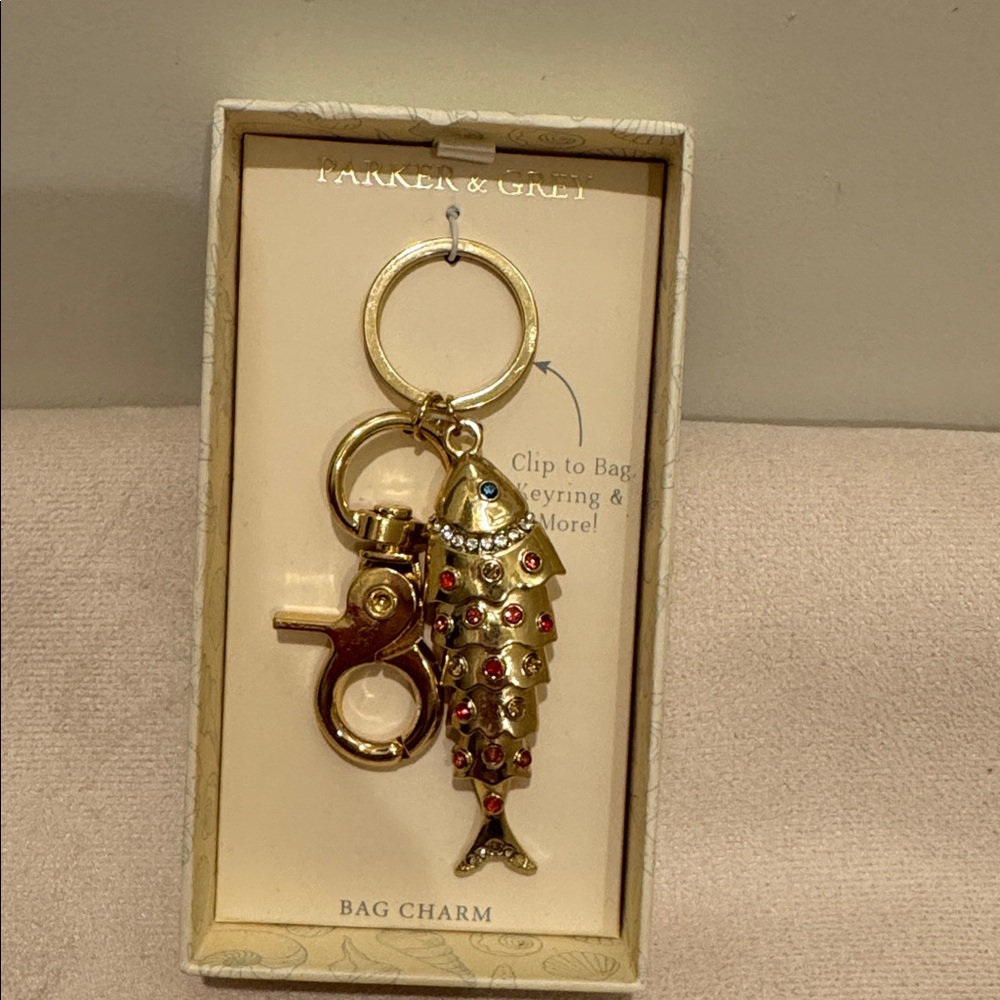 Gold Fish Charm Keyring - Gold with Multicolor Stones